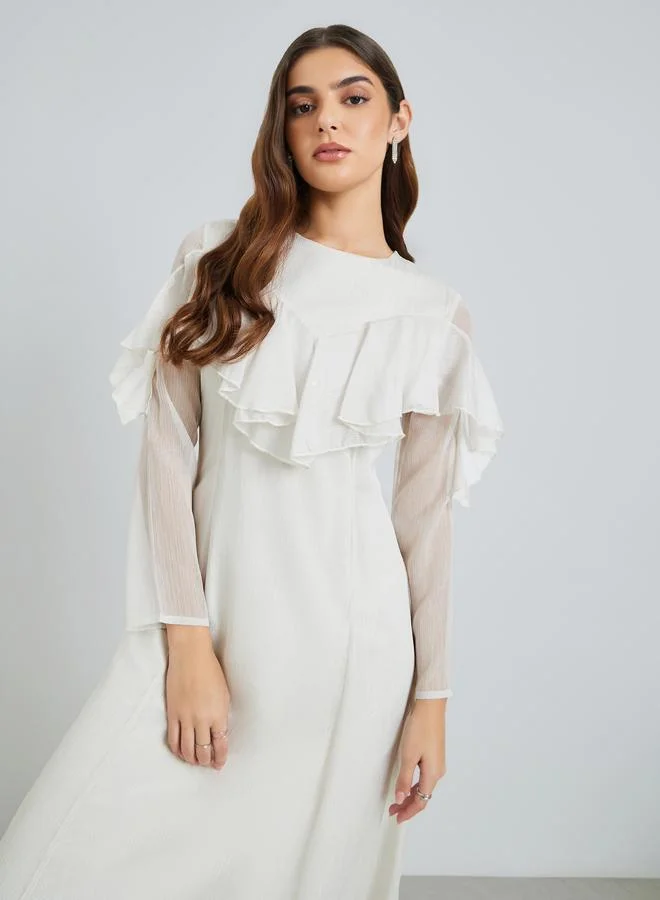 Styli Women Off-White Ruffled Detail Midi Dress